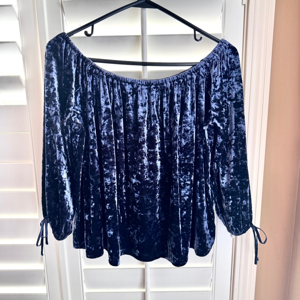 American Eagle Velvet Off Shoulder Top Blue Medium Boho Date Night